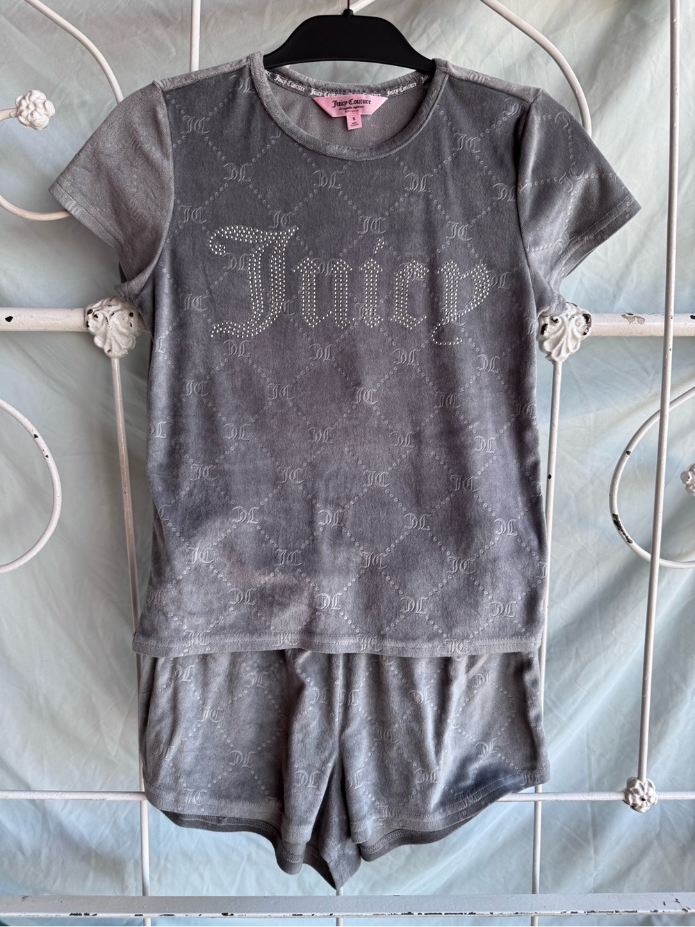 Juicy Couture Velour Gray Rhinestone Logo Short Sleeve Pajama Set